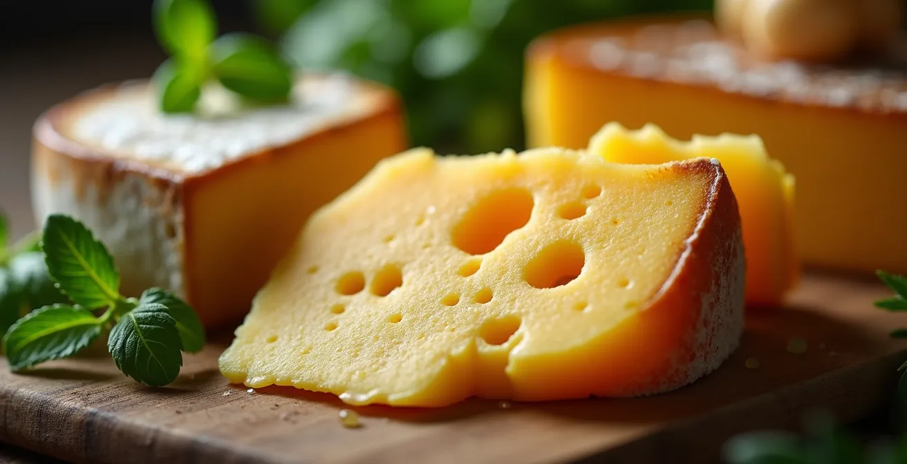 Détail macro de fromages artisanaux et produits fermiers avec textures naturelles