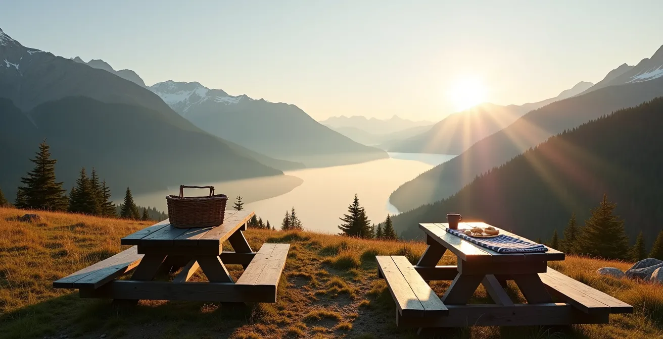 Aire de pique-nique en montagne avec tables en bois et vue sur les sommets alpins