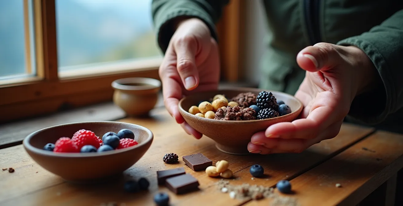 Composition d'aliments naturels riches en antioxydants sur une table de refuge