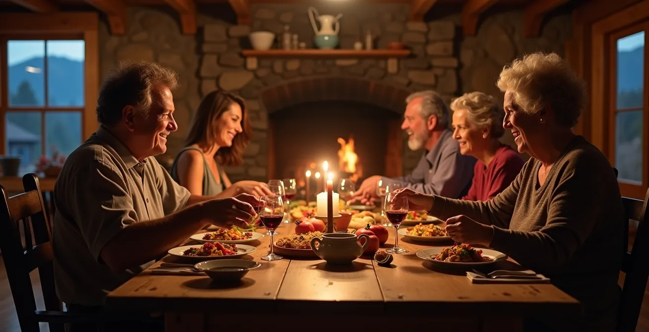 Salle commune chaleureuse d'une ferme de montagne avec cheminée et convives partageant un repas