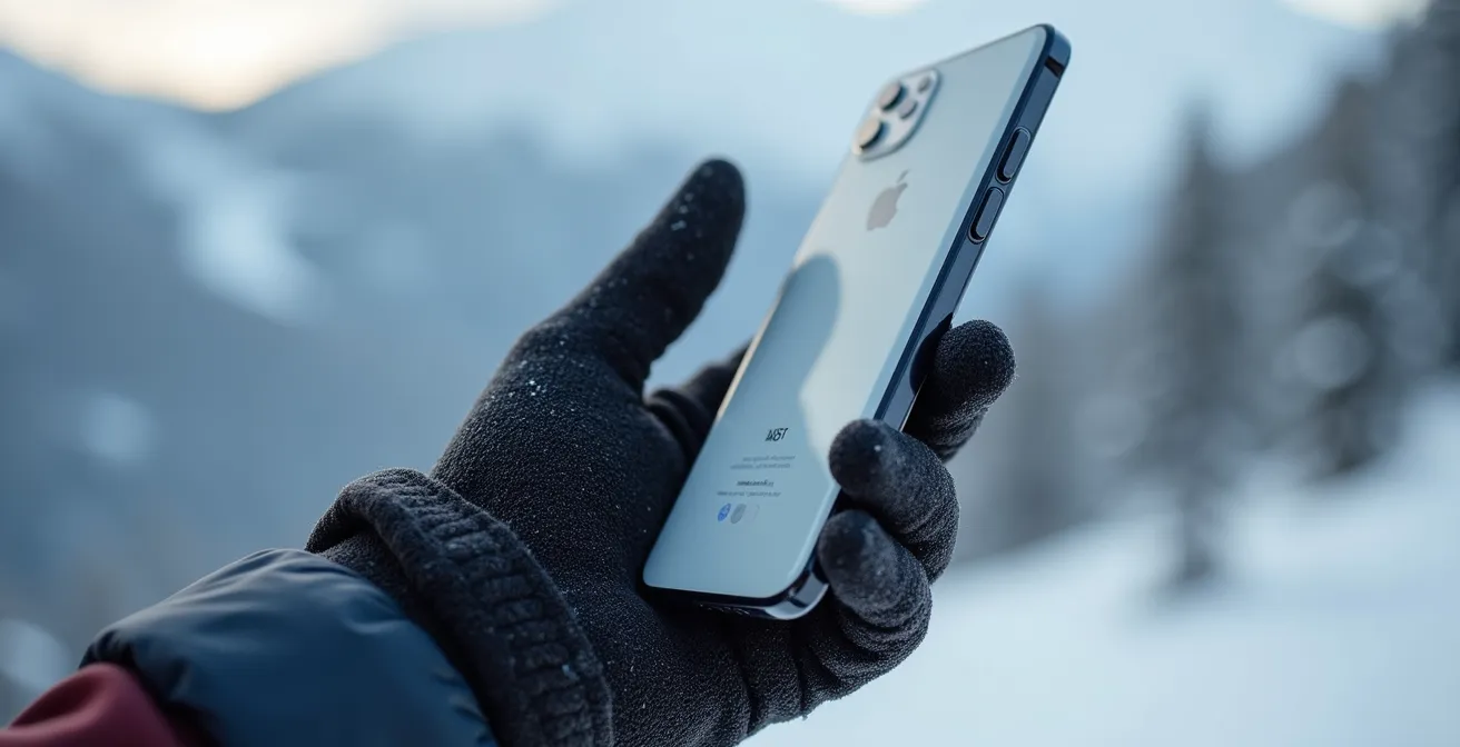 Main tenant un smartphone avec carte interactive de station en arrière-plan montagnard