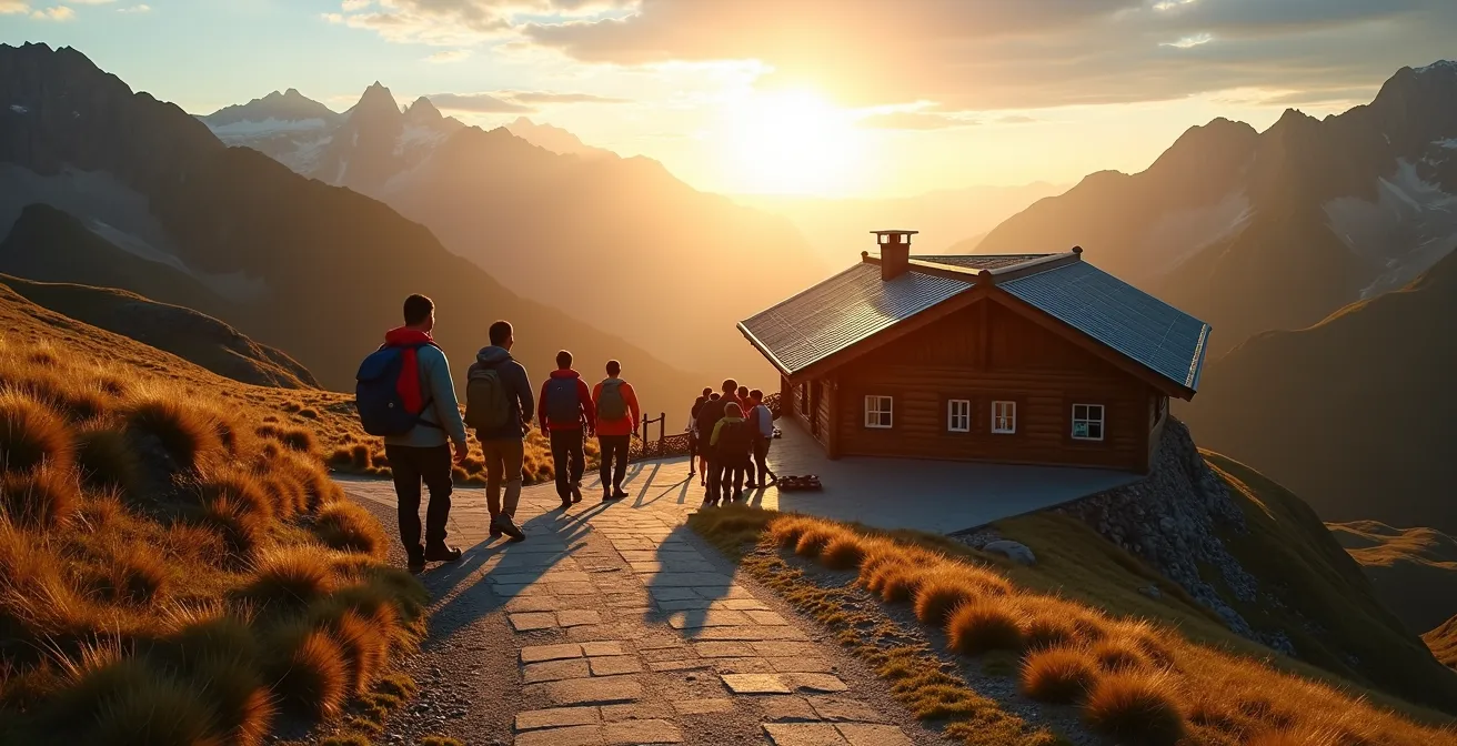 Randonneurs arrivant à un refuge de montagne en fin d'après-midi avec lumière dorée sur les sommets
