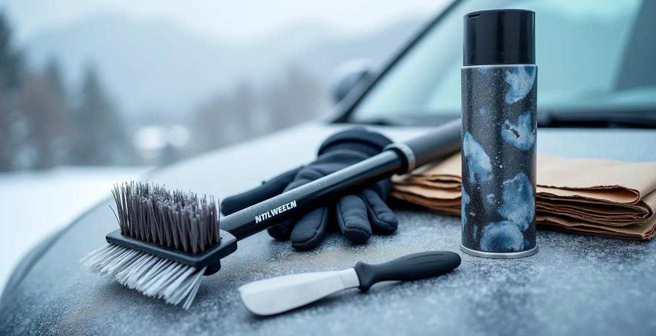Kit complet d'outils de déneigement disposés sur le capot d'une voiture enneigée