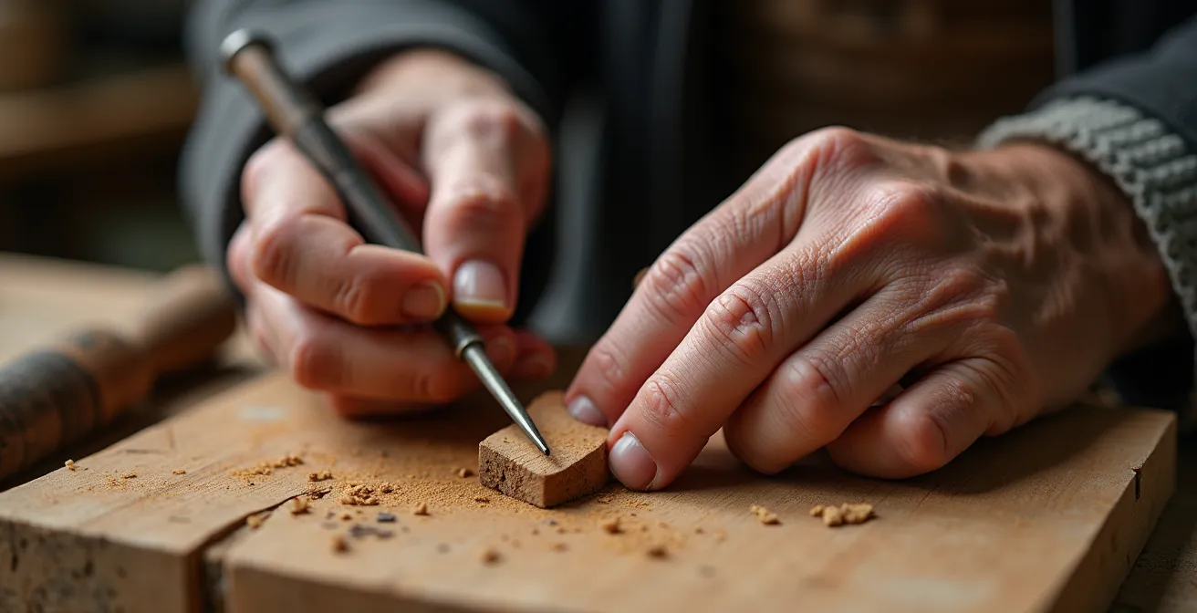 Artisan en train de transmettre son savoir à un apprenti dans un atelier traditionnel de montagne
