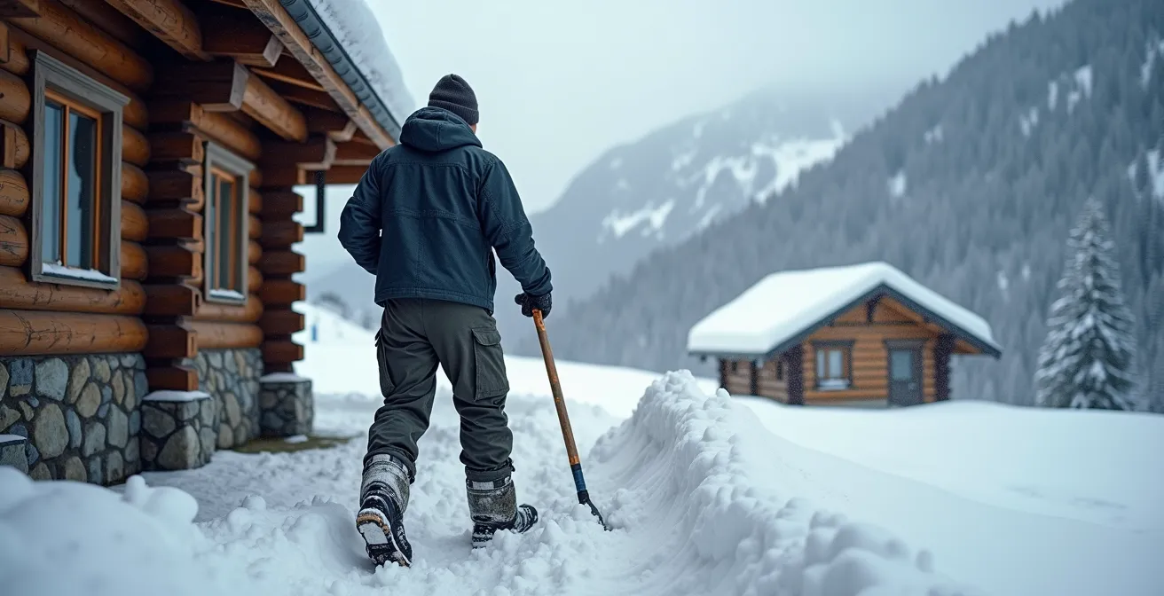 Homme entretenant le toit enneigé d'une cabane de montagne isolée
