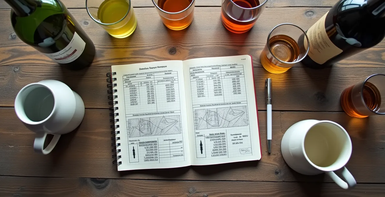 Carnet de comptes avec verres et bouteilles disposés sur table de chalet