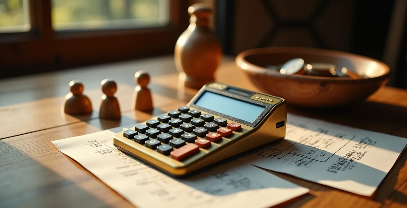 Calculatrice et documents financiers sur une table en bois rustique, symbolisant la planification du budget pour un séjour en groupe au chalet.