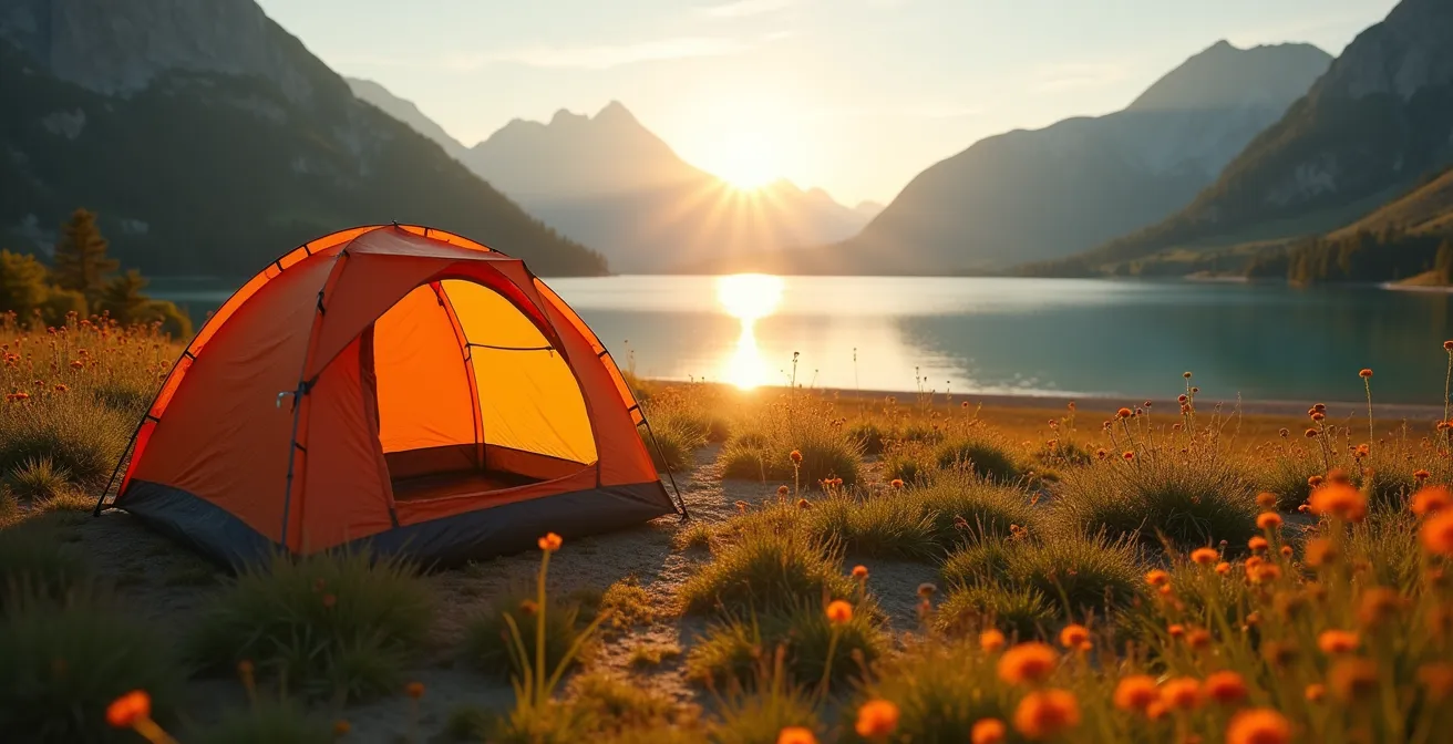 Tente installée à distance respectueuse d'un lac de montagne au crépuscule