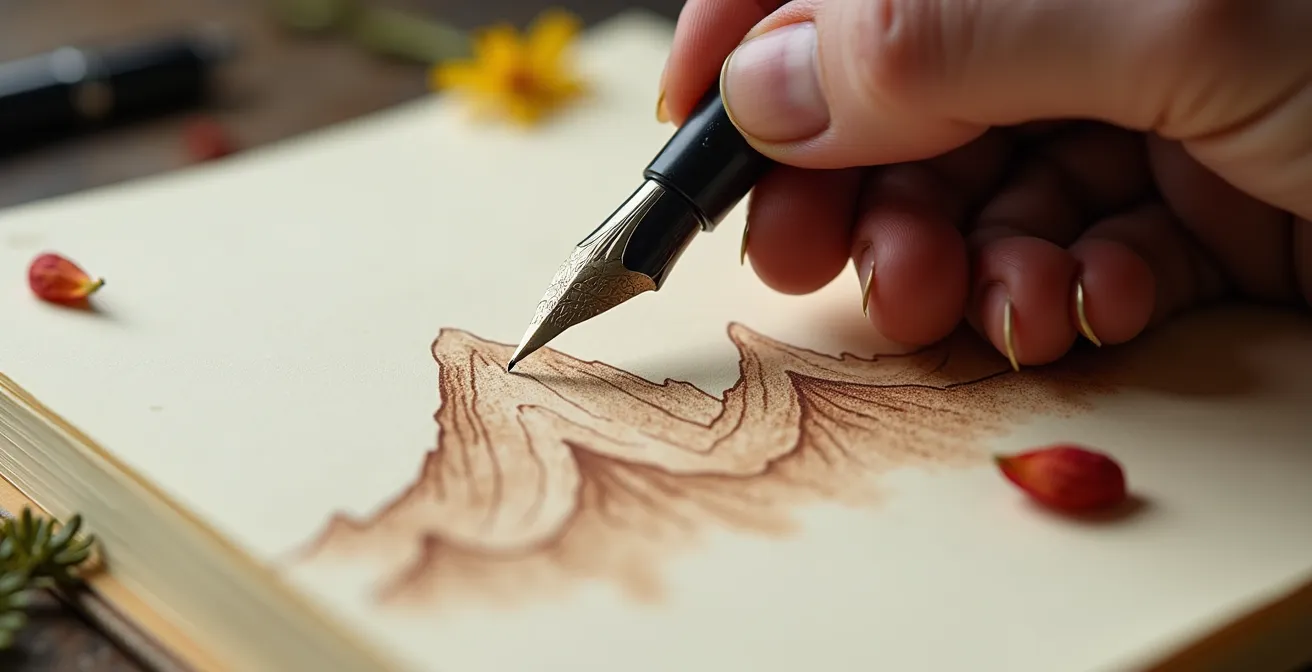 Main tenant un stylo plume au-dessus d'un carnet de voyage avec des croquis de sommets montagneux