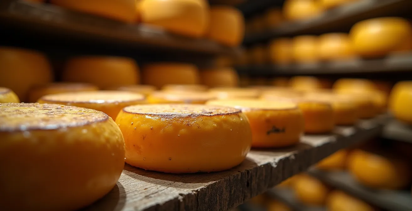 Cave d'affinage traditionnelle avec rangées de fromages sur planches de bois dans la pénombre