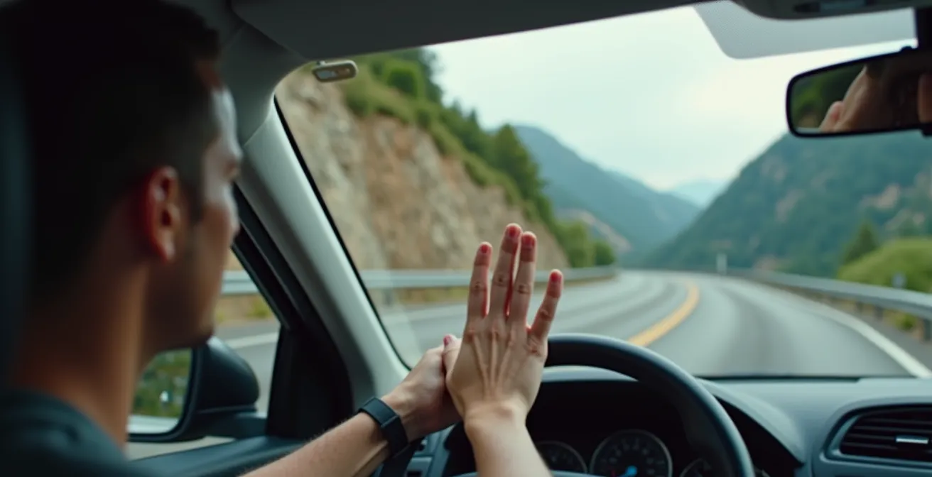 Conducteur faisant un geste de remerciement lors d'un croisement sur route étroite de montagne