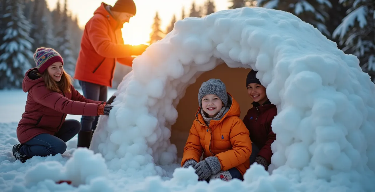 Famille construisant un igloo ensemble dans une ambiance joyeuse au crépuscule
