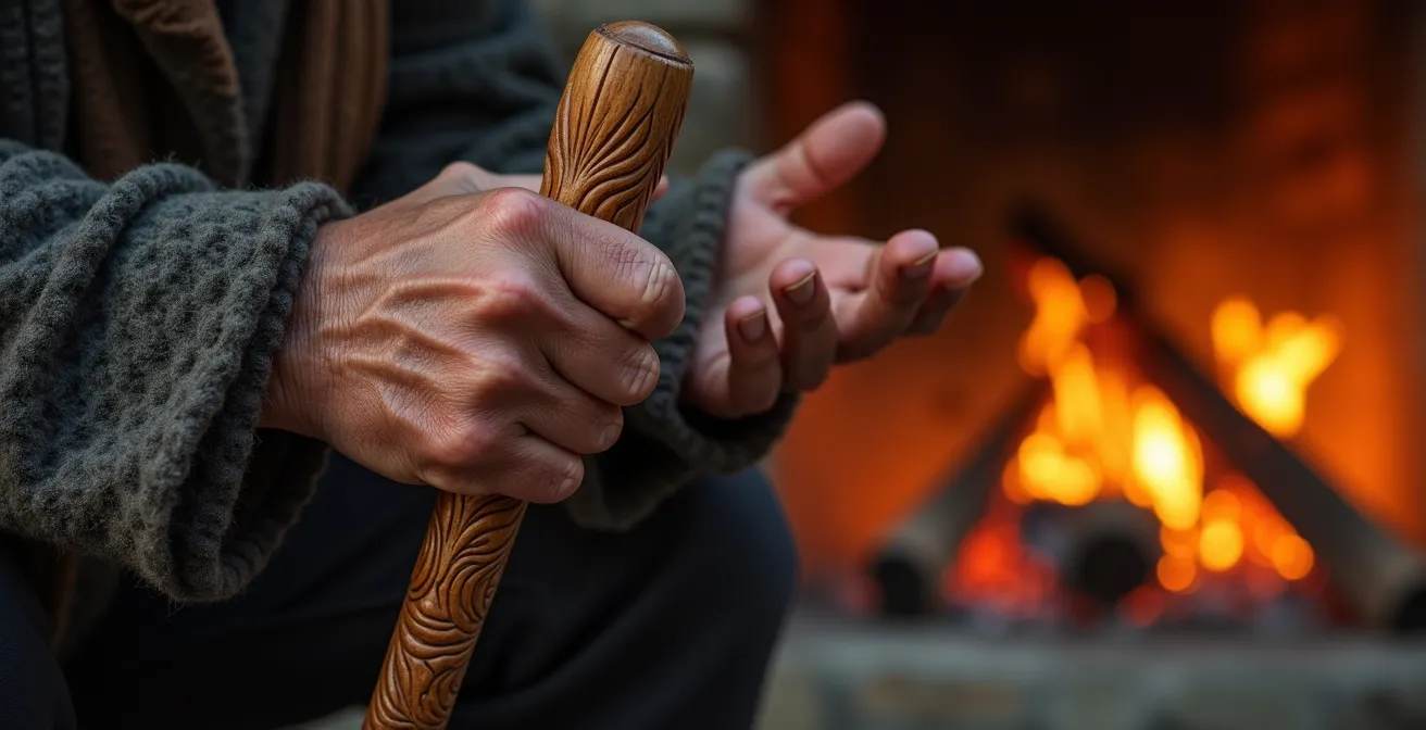 Conteur âgé racontant une légende lors d'une veillée au coin du feu