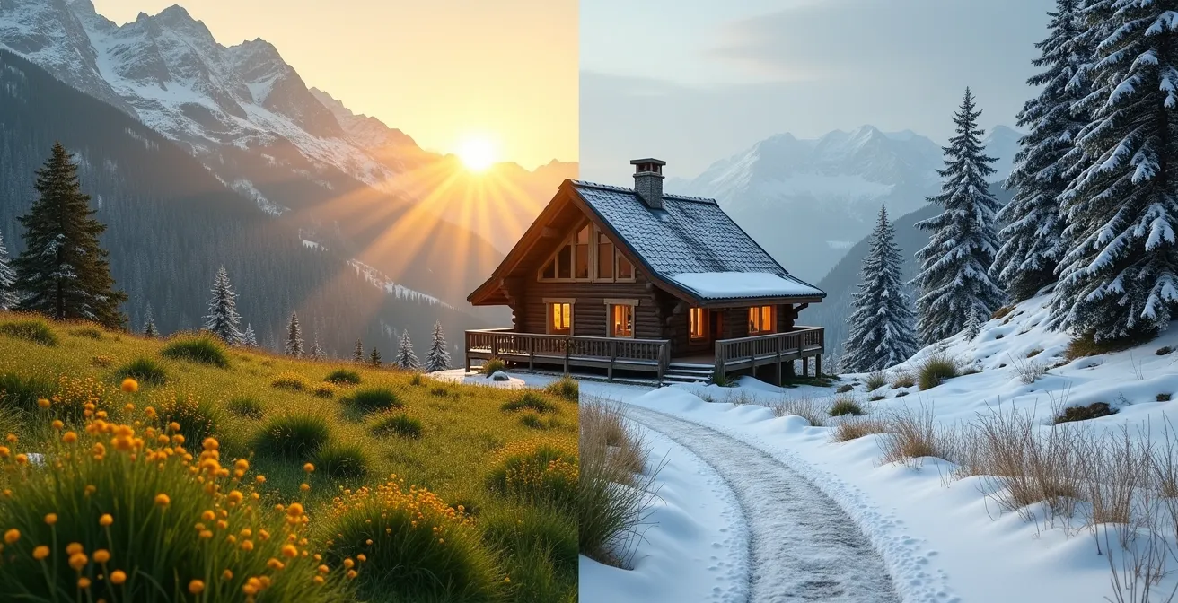 Paysage de montagne divisé montrant l'été verdoyant et l'hiver rigoureux