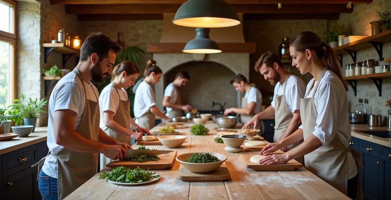 Groupe préparant ensemble un repas dans une cuisine de gîte avec organisation en brigade