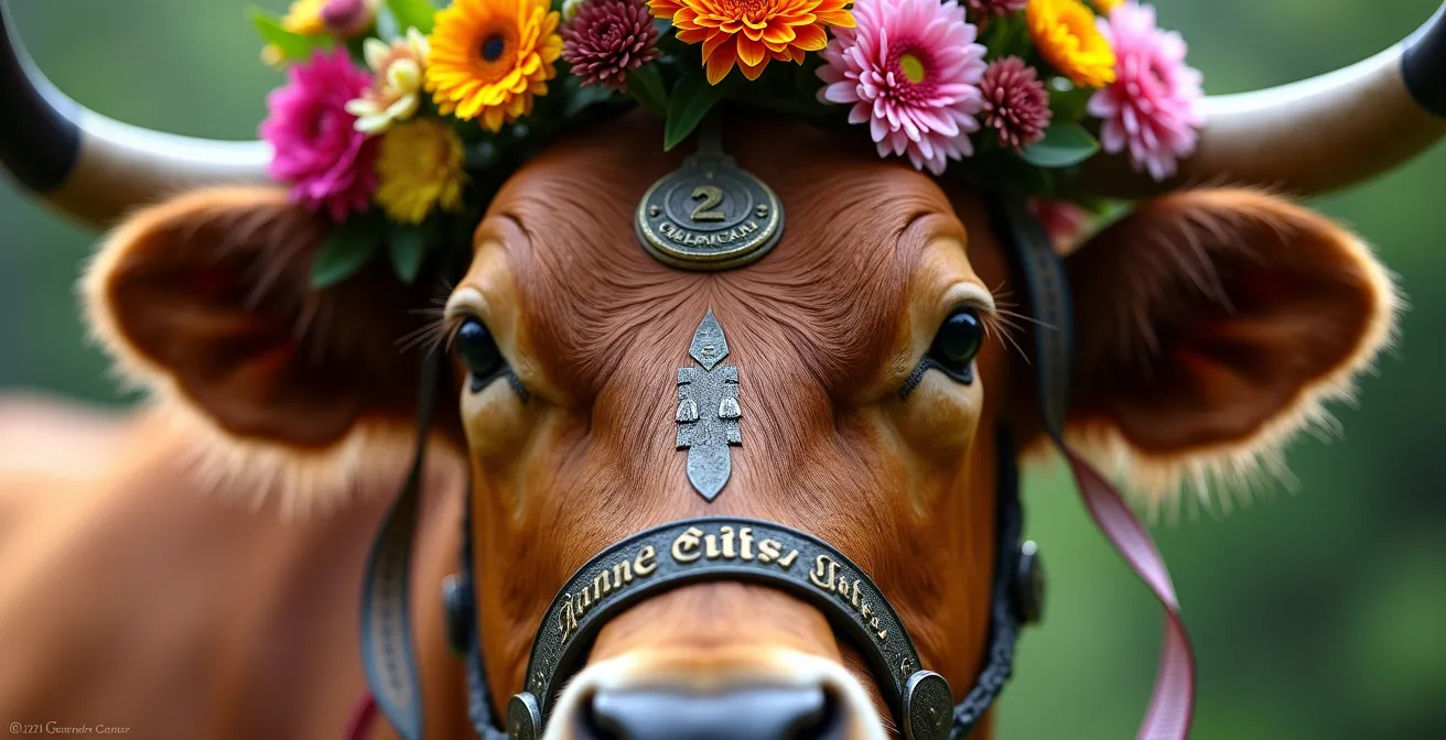 Gros plan sur la tête d'une vache décorée avec sonnaille en cuivre et couronne de fleurs alpines