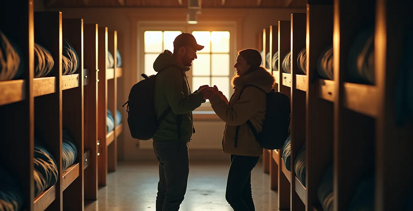 Vue d'un dortoir de refuge avec rangées de couchettes en bois dans une lumière tamisée du matin