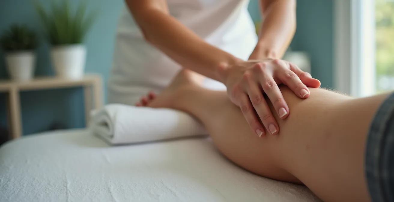 Mains de kinésithérapeute effectuant un drainage lymphatique sur la jambe d'un sportif