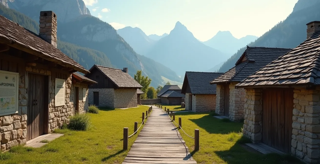 Vue d'un village de montagne transformé en écomusée avec sentiers d'interprétation