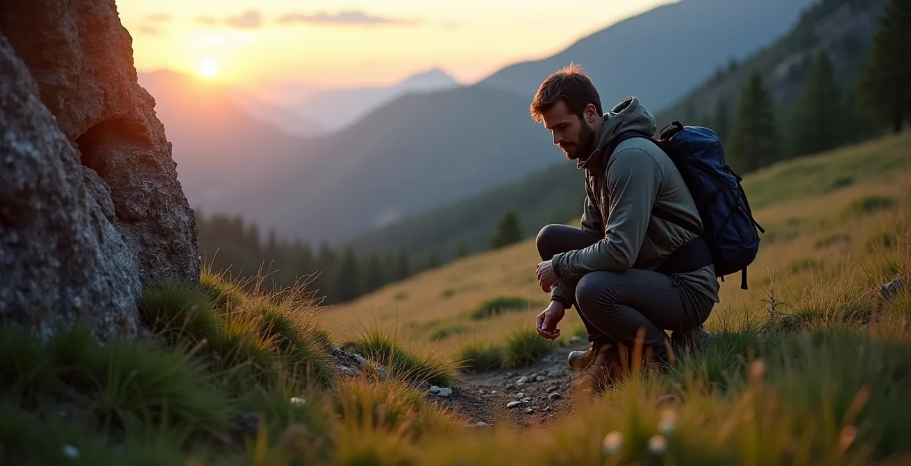 Emplacement de bivouac parfait en montagne avec terrain plat et protection naturelle