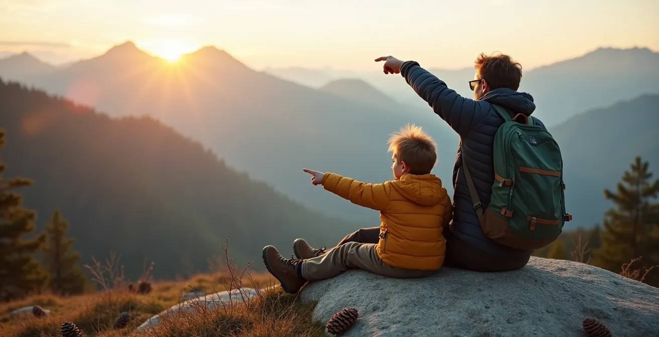 Enfant observant un panorama montagneux depuis un rocher, vu de dos avec un adulte pointant l'horizon