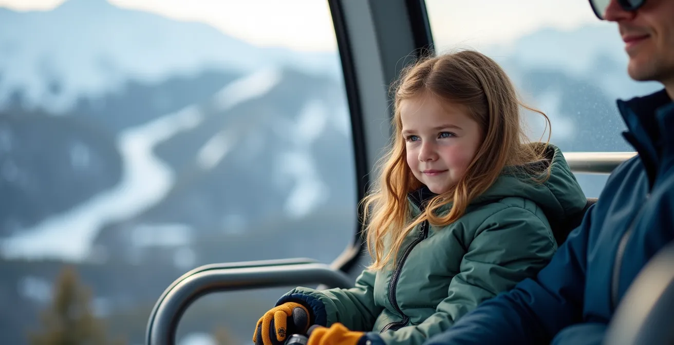 Enfant assis en sécurité sur un télésiège avec système de garde-corps automatique verrouillé