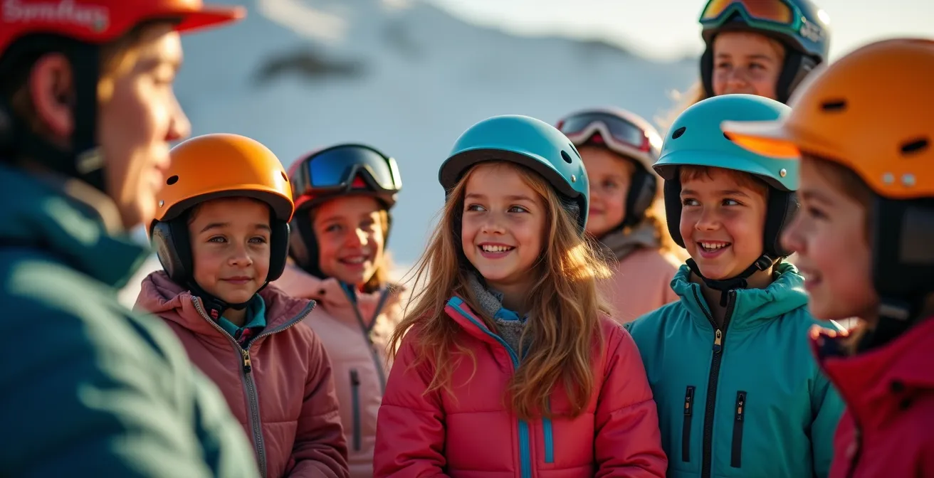 Groupe d'enfants avec casques colorés écoutant attentivement les consignes d'un moniteur ESF avant une descente aux flambeaux