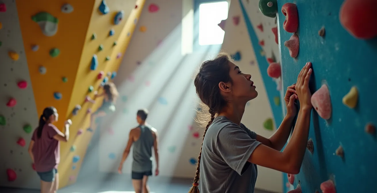 Salle d'escalade moderne avec grimpeurs s'entraînant sur différents murs colorés