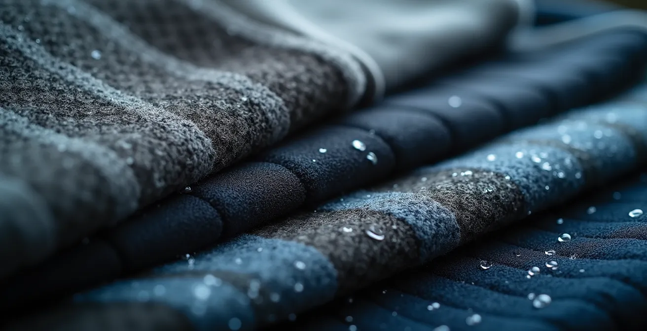 Détail macro de tissus techniques superposés avec textures de laine mérinos, polaire et membrane imperméable