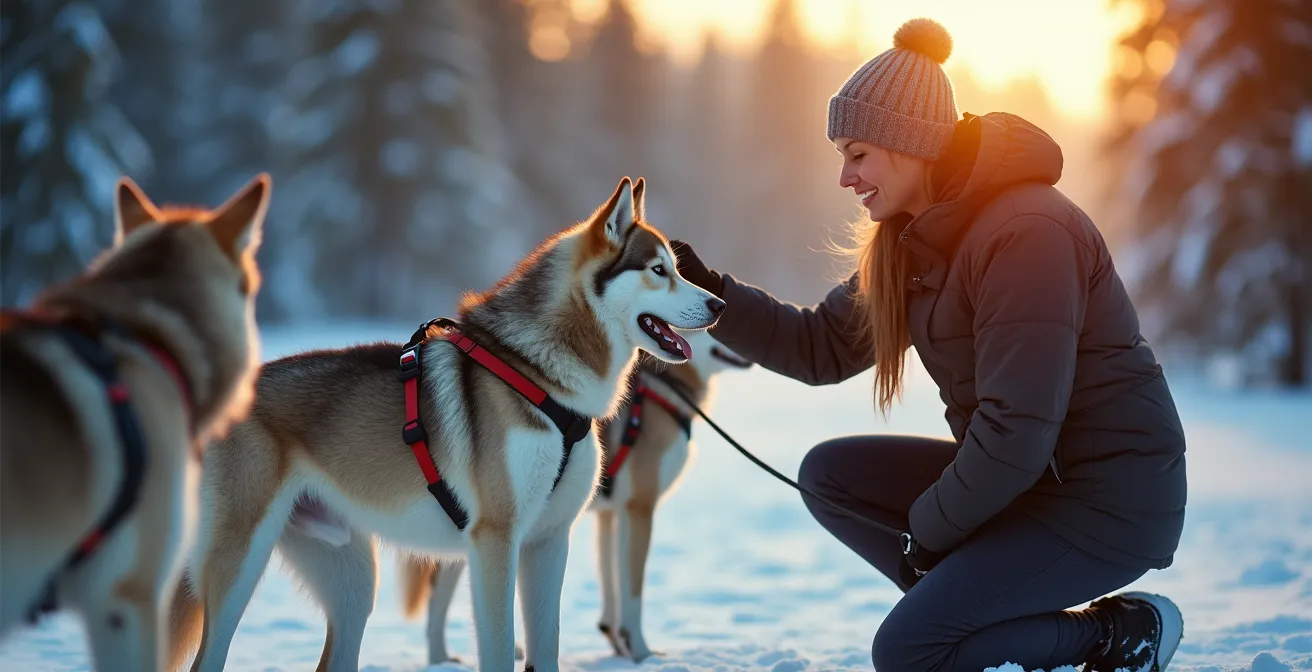 Gros plan sur l'interaction entre un musher et ses chiens huskies avant le départ d'une balade en traîneau