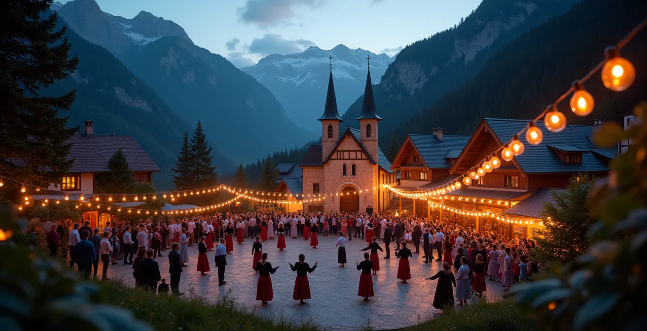 Fête traditionnelle de village alpin avec habitants en costumes locaux