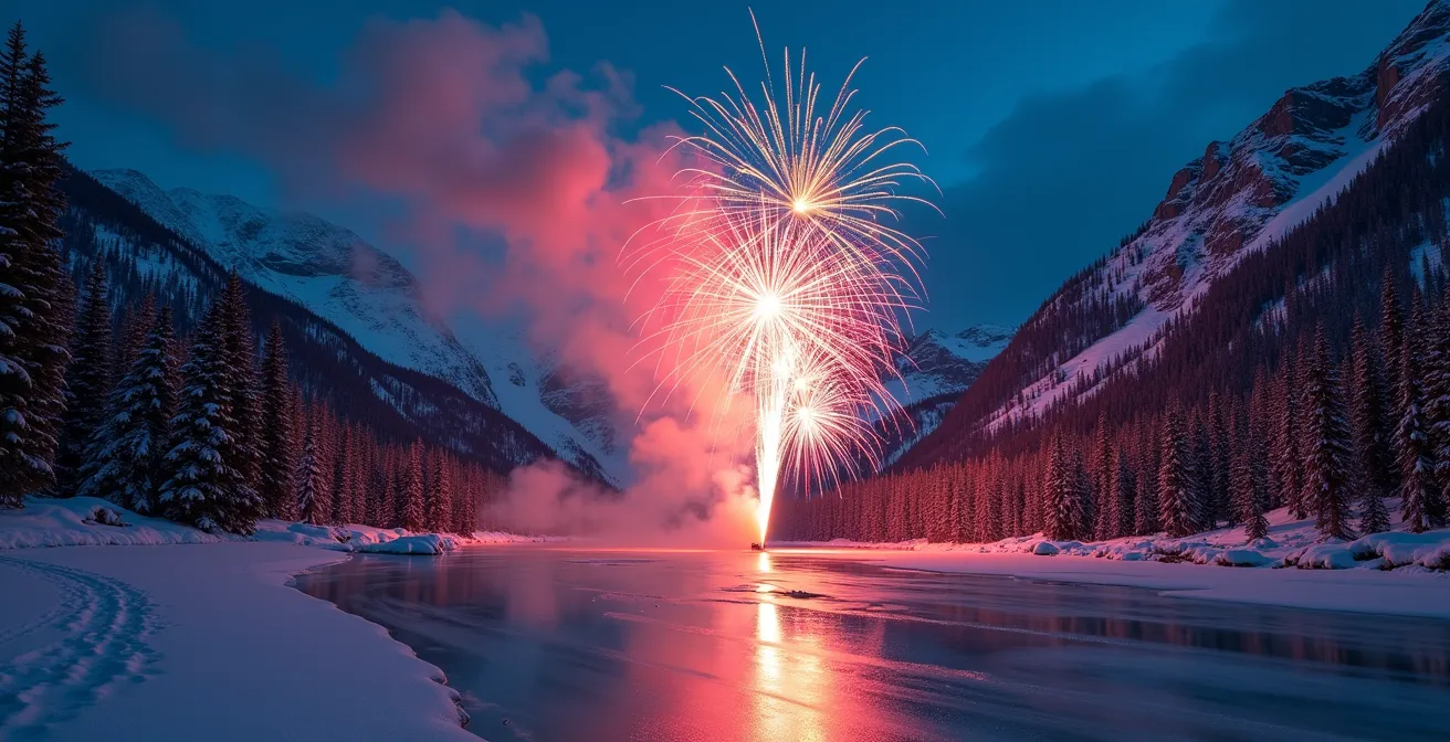Explosion de feux d'artifice au-dessus des sommets enneigés créant des reflets colorés sur les parois rocheuses