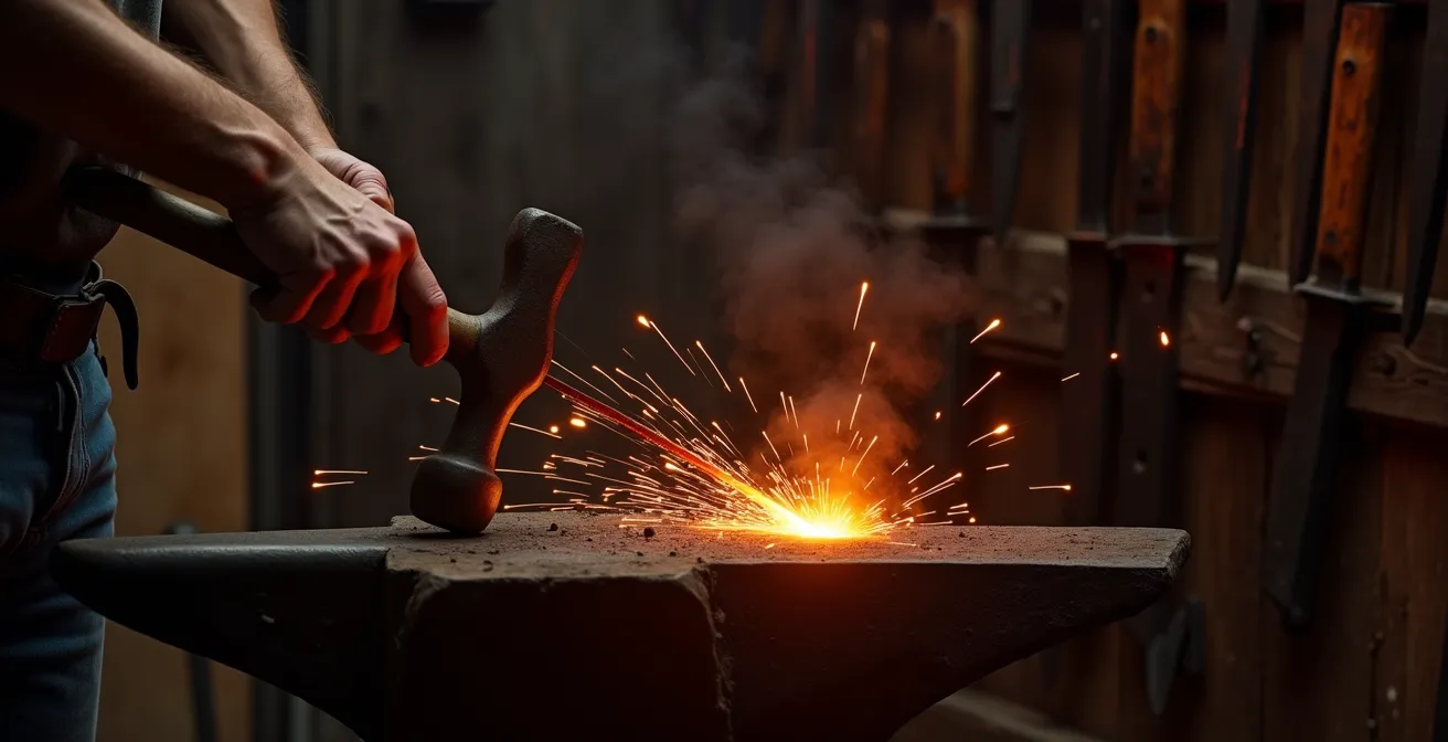 Forge traditionnelle de montagne avec lame en cours de façonnage