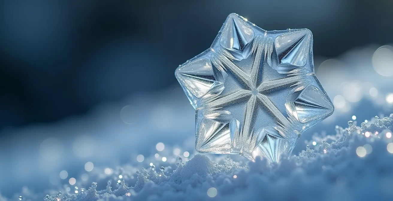 Formation microscopique d'un cristal de neige autour d'un noyau d'aérosol