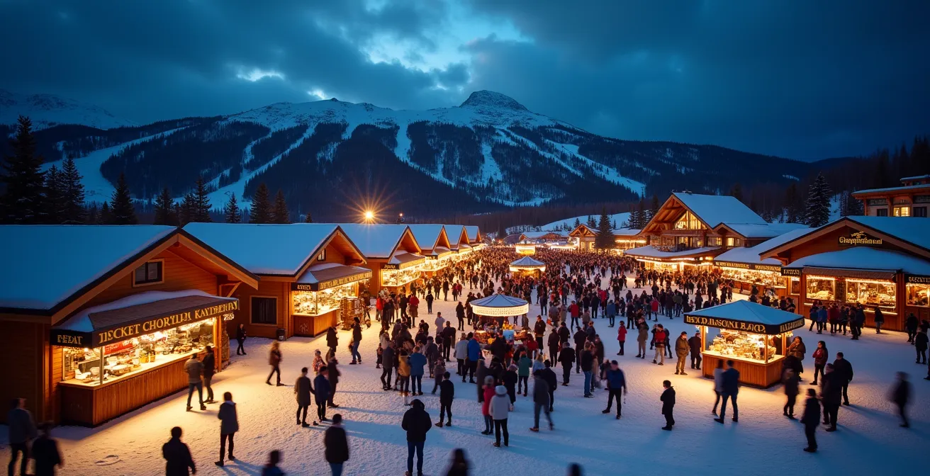Vue d'ensemble du front de neige animé en soirée avec stands de vin chaud et spectateurs rassemblés