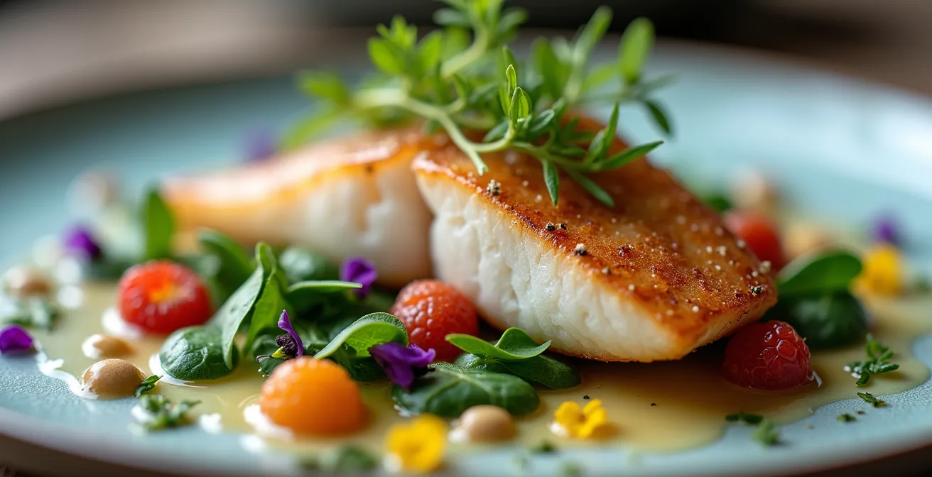 Assiette raffinée de poisson des lacs d'altitude avec plantes sauvages cueillies