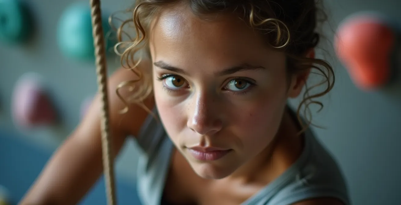 Grimpeur en position de chute contrôlée avec assureur attentif au pied de la voie