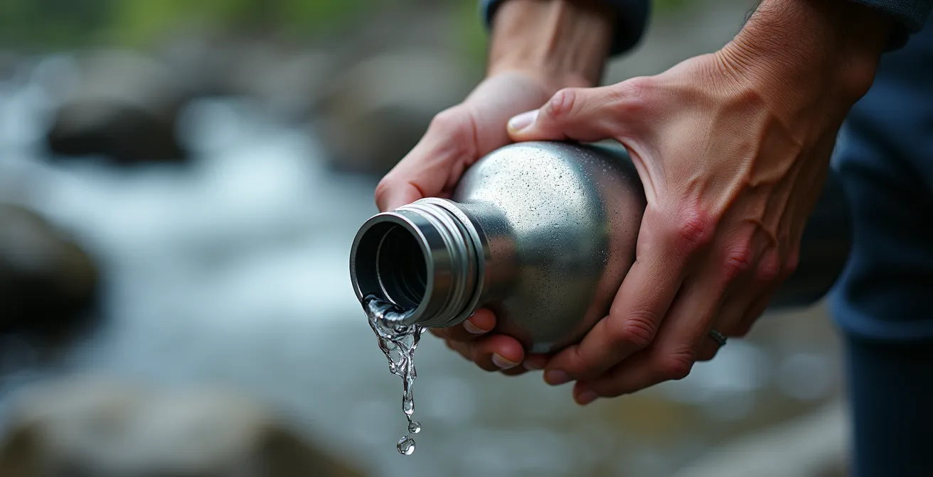 Gros plan sur des mains tenant une gourde métallique avec de l'eau cristalline en arrière-plan montagnard