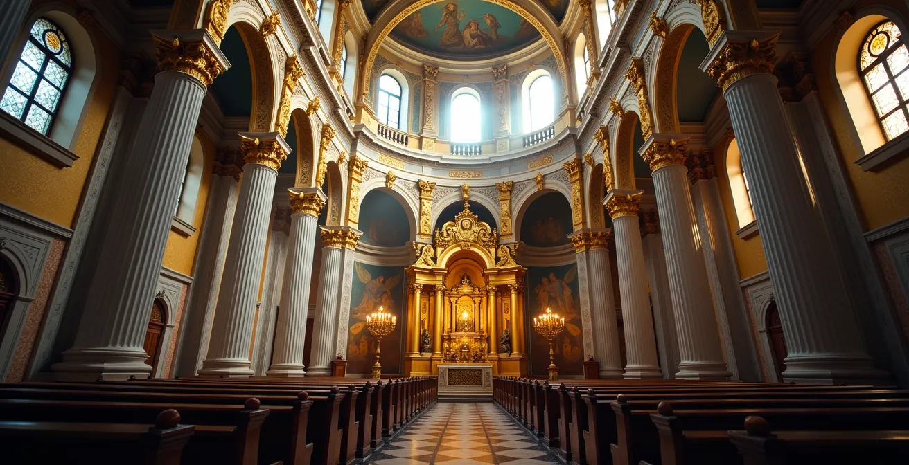 Intérieur richement décoré d'une église baroque de montagne avec dorures et fresques