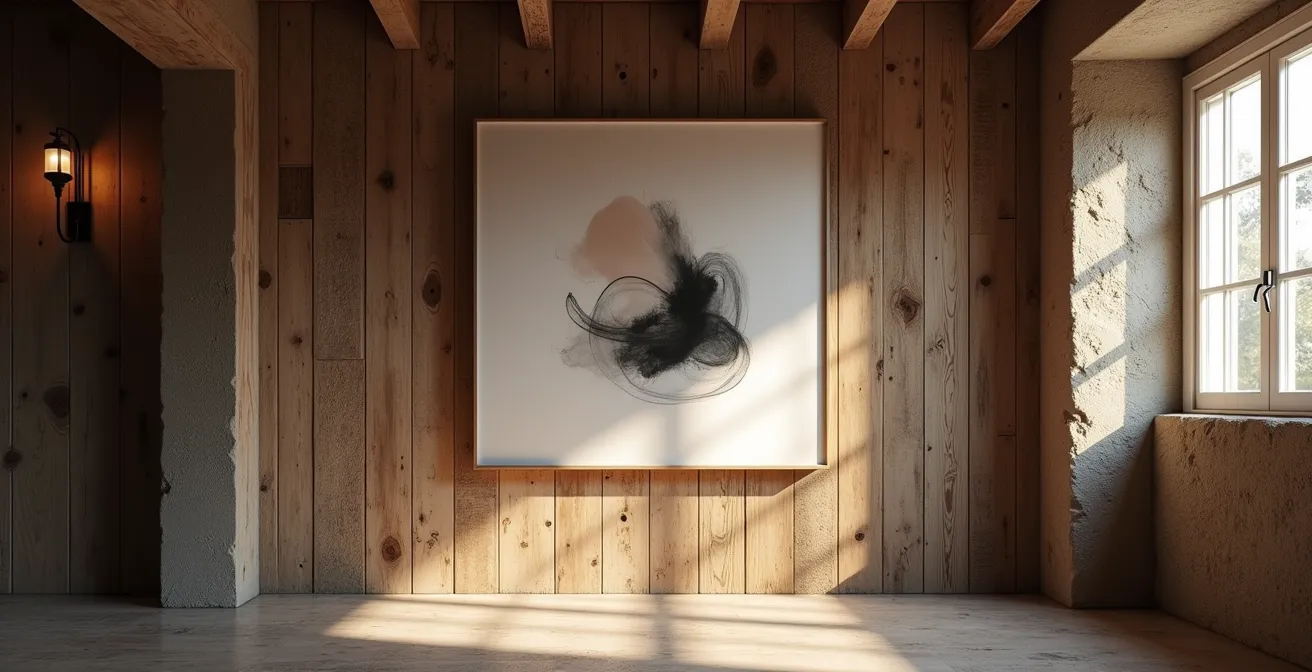 Intérieur chalet avec tableau abstrait moderne créant un contraste élégant