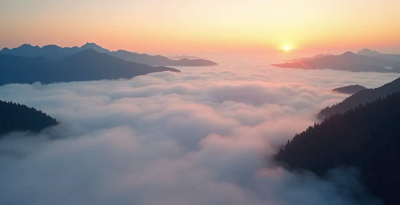 Vue aérienne d'une mer de nuages emplissant une vallée alpine au lever du soleil