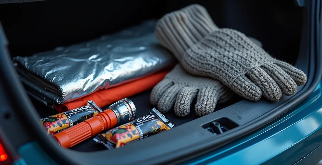 Équipements de sécurité hivernale disposés dans le coffre d'une voiture