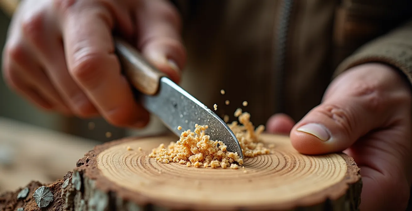 Mains d'artisan sculptant le bois d'arolle avec des outils traditionnels