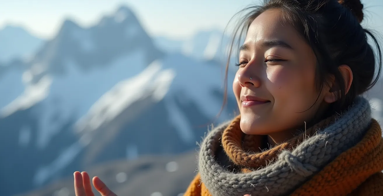 Méditant en posture assise écoutant les sons subtils de la haute montagne dans le silence de l'altitude