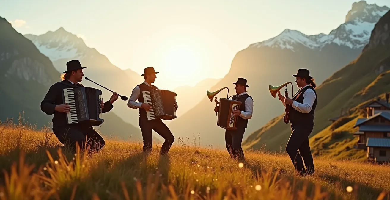 Musiciens alpins jouant de l'accordéon en plein air avec panorama montagnard