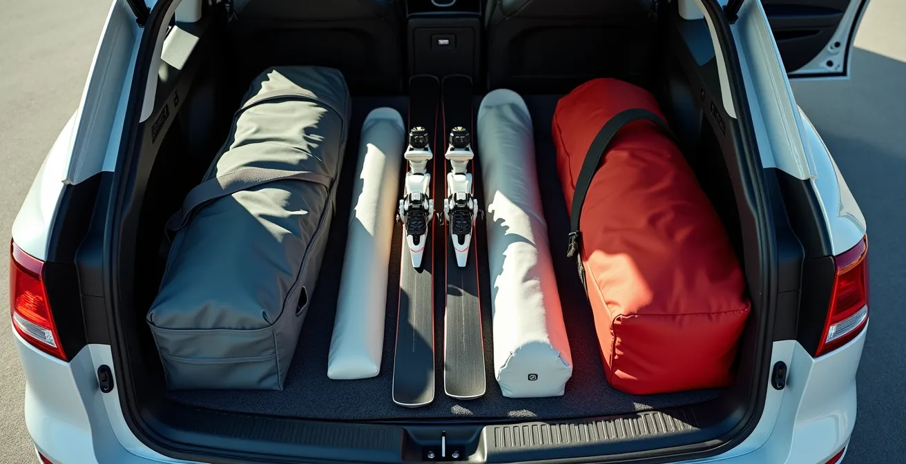 Vue plongeante sur un coffre de voiture méthodiquement organisé avec équipement de ski rangé par couches