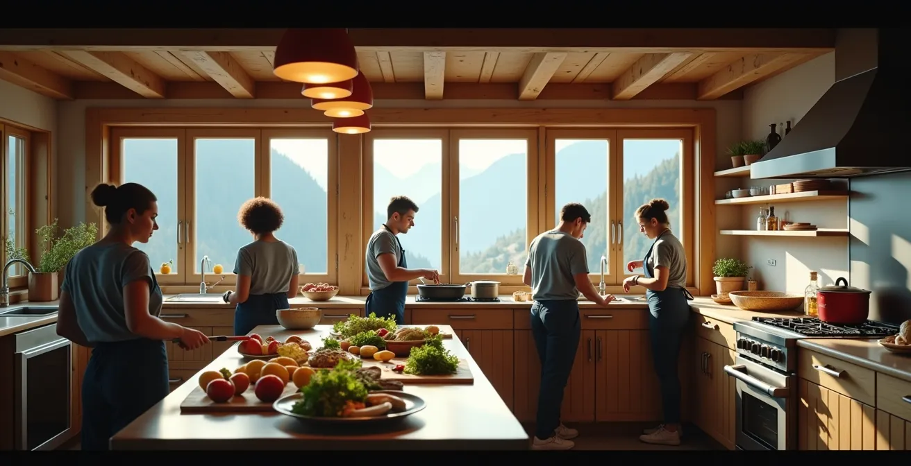 Grande cuisine de chalet avec multiples personnes préparant ensemble un repas