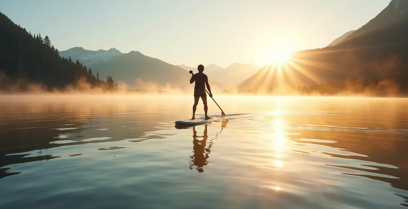 Paddleur solitaire naviguant sur un lac alpin au lever du soleil avec reflets dorés