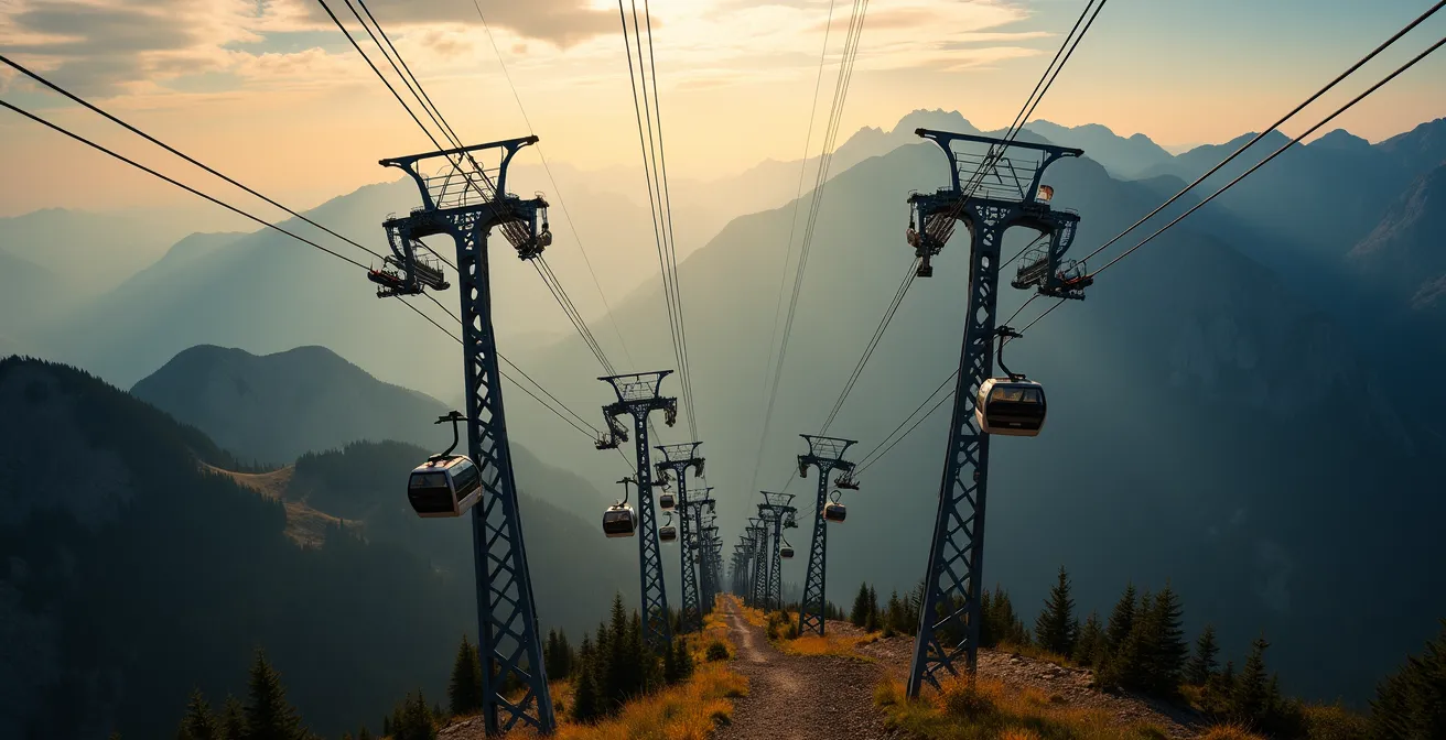 Composition géométrique symbolique de pylônes et câbles créant des motifs graphiques sur fond de montagne