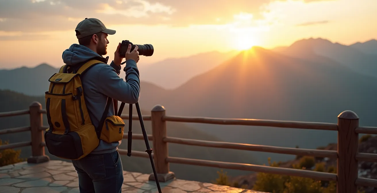 Point de vue aménagé en montagne avec barrière de sécurité pour photographes